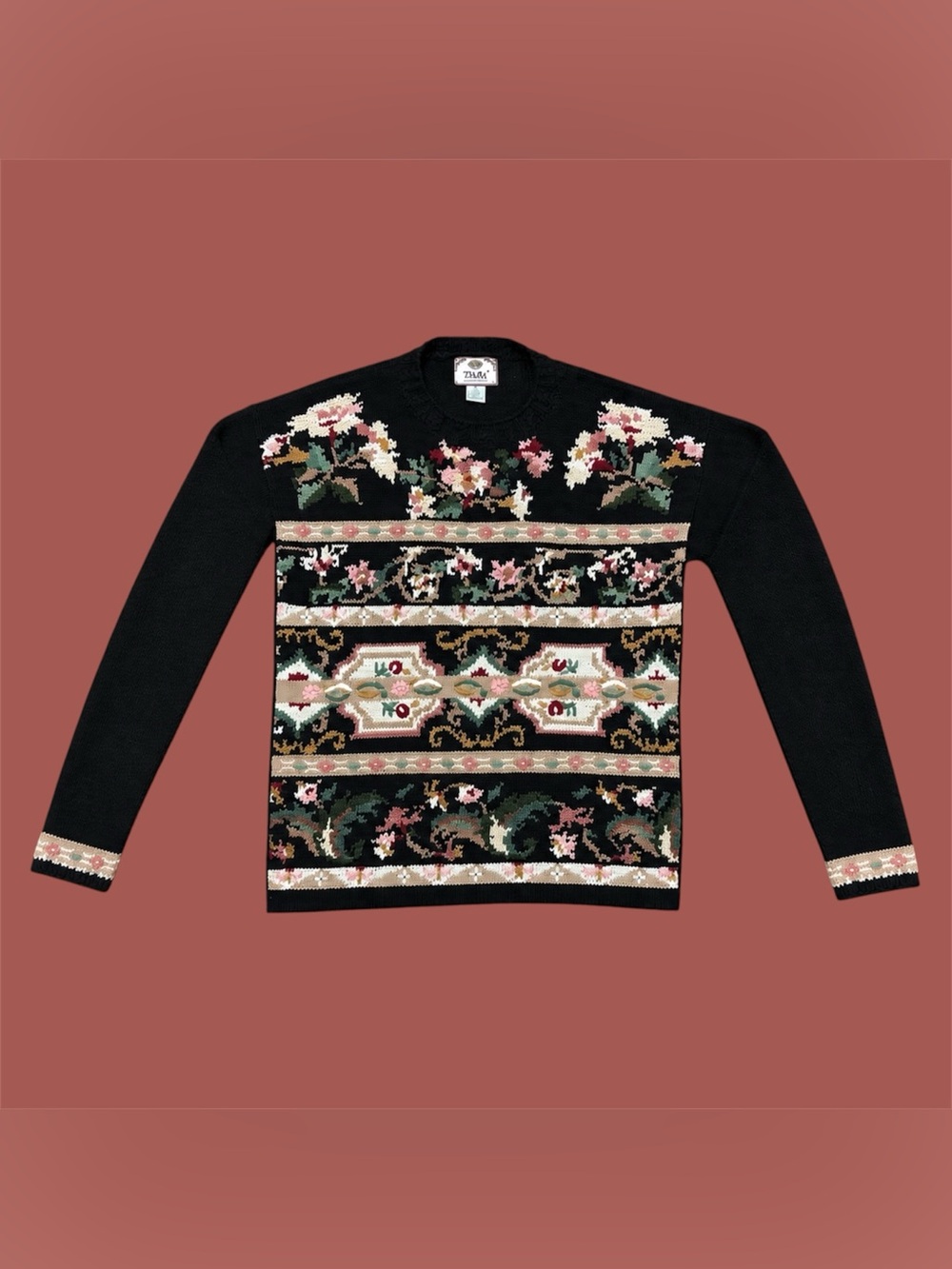 Vintage Floral Tapestry Chinky Knit Sweater Size Medium